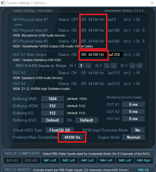 Voicemeeter Settings Sample Rates